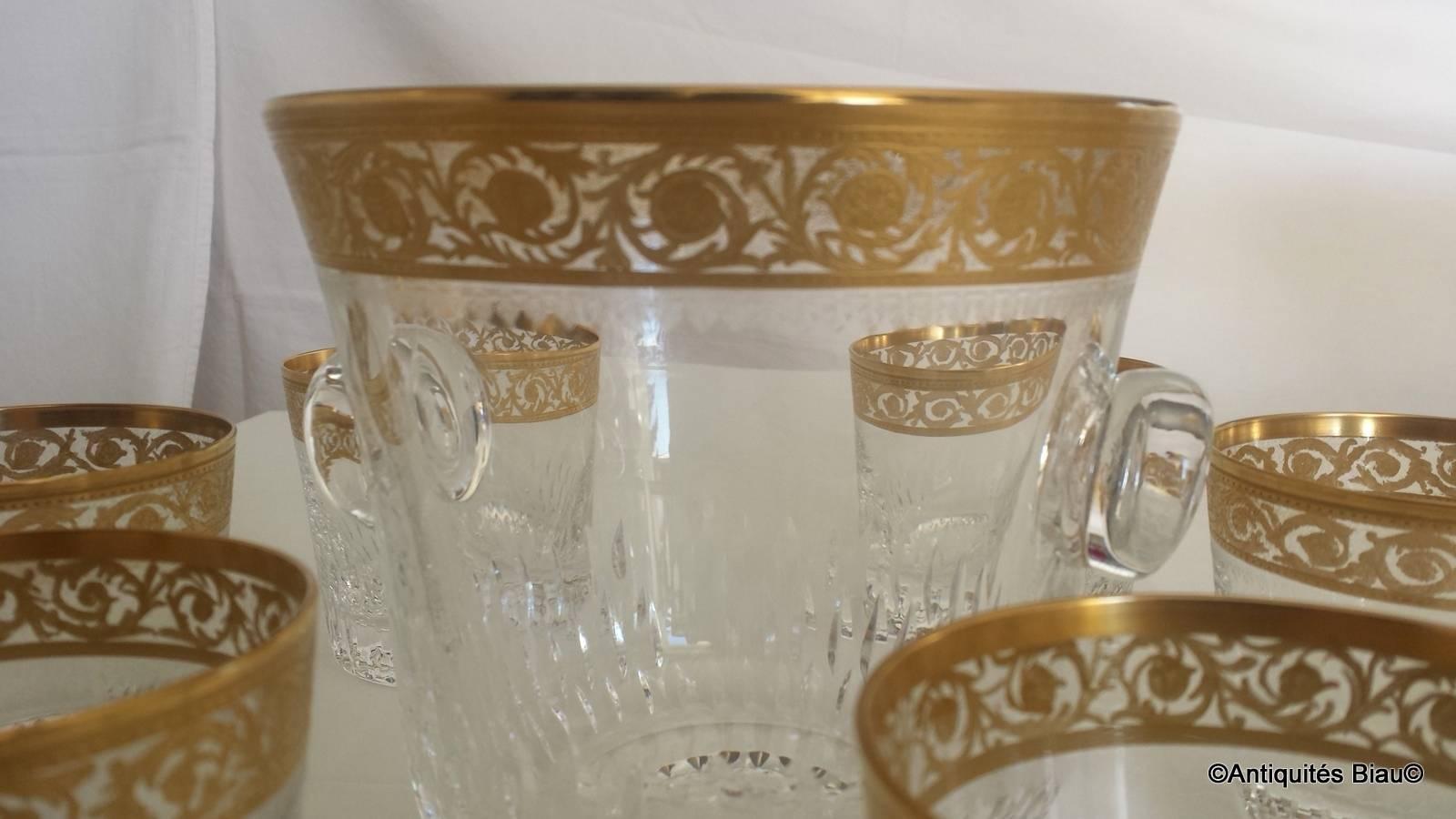 Six Whiskey Glasses and Ice Bucket in Crystal Saint, Louis Thistle Gold Model 2