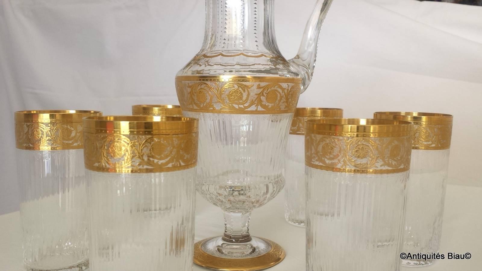 Art Nouveau Six Large Highballs and Water Jug in Crystal St Louis Thistle Gold Model