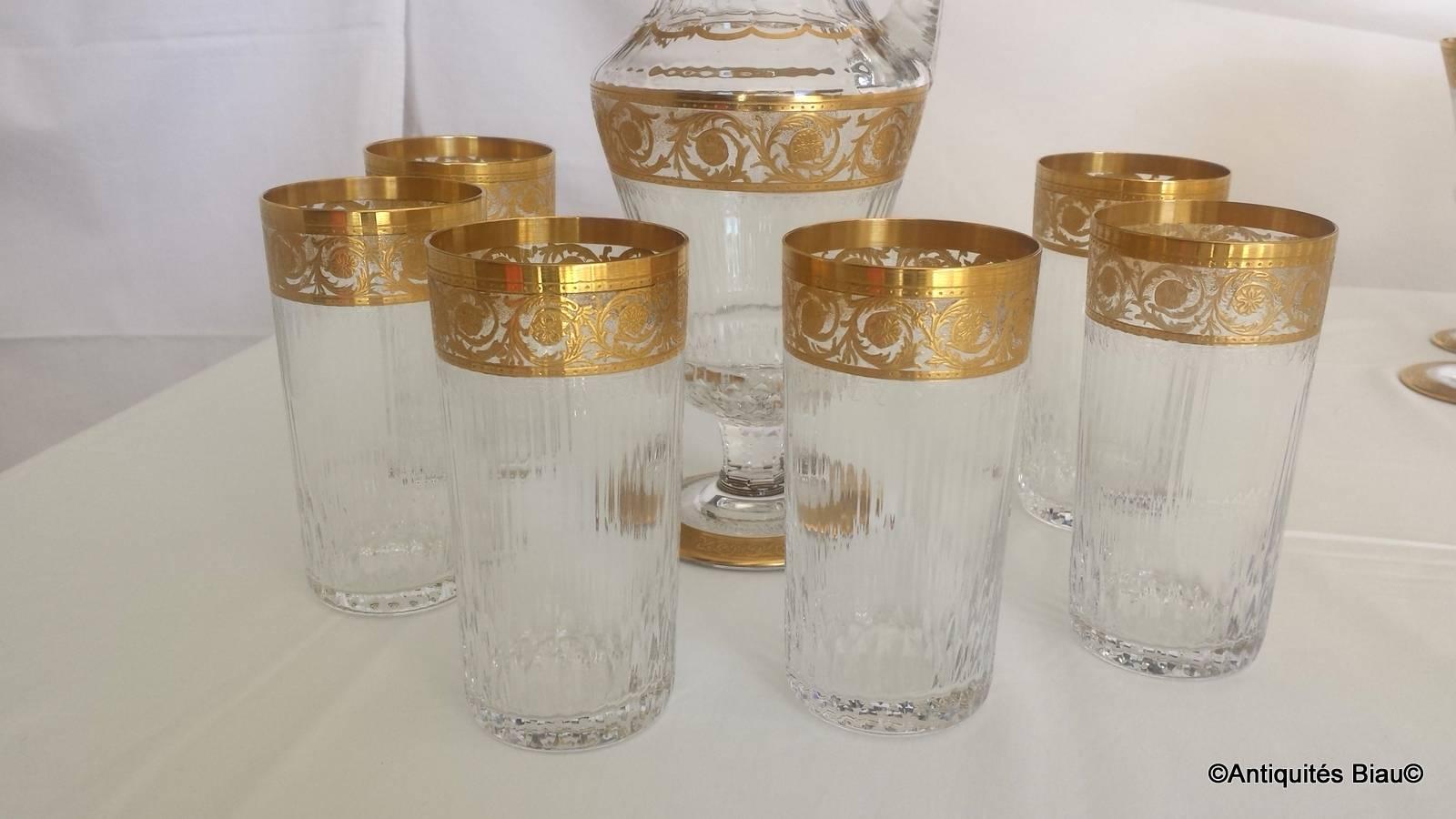 French Six Large Highballs and Water Jug in Crystal St Louis Thistle Gold Model