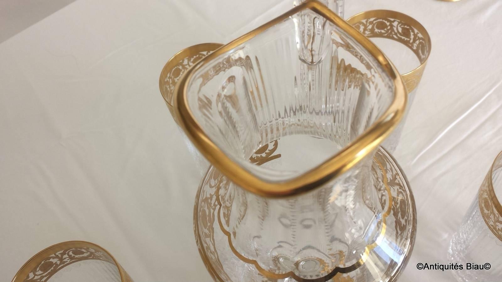 Gilt Six Large Highballs and Water Jug in Crystal St Louis Thistle Gold Model
