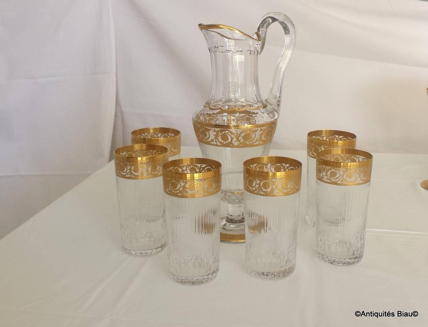 Mid-20th Century Six Large Highballs and Water Jug in Crystal St Louis Thistle Gold Model
