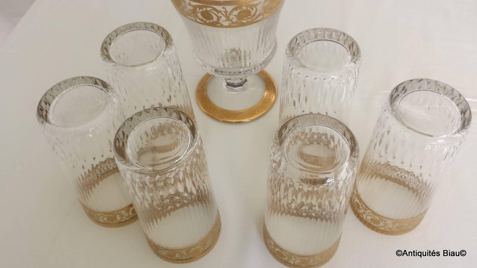 Six Large Highballs and Water Jug in Crystal St Louis Thistle Gold Model 1