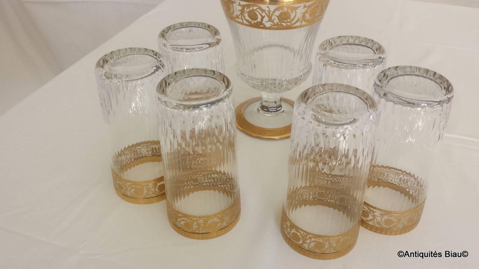 Six Large Highballs and Water Jug in Crystal St Louis Thistle Gold Model 2