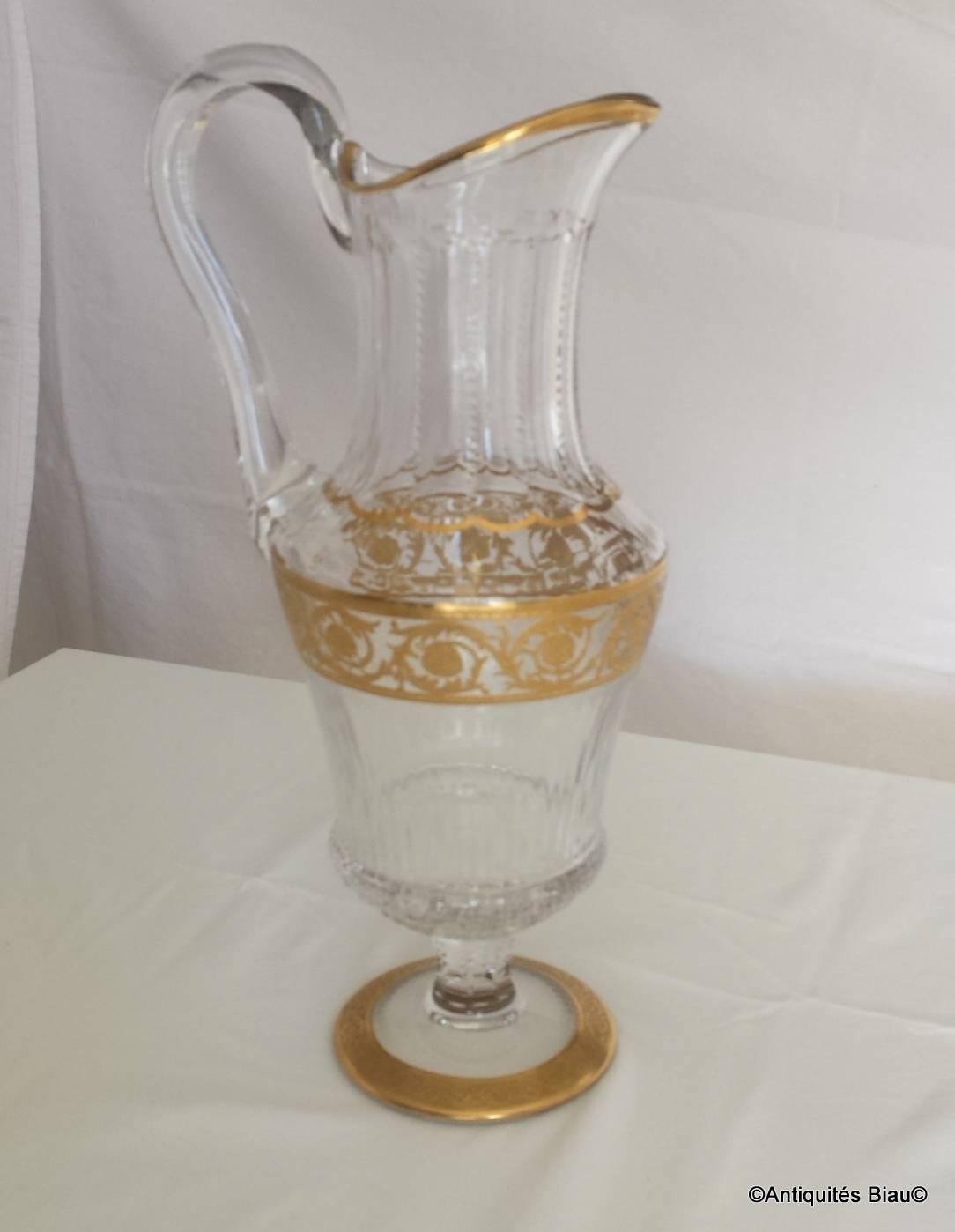 Six Large Highballs and Water Jug in Crystal St Louis Thistle Gold Model 3