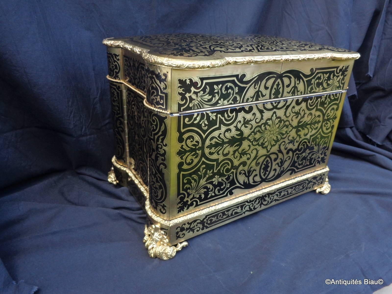 Brass Tantalus Box Complete Stamped Tahan in Boulle Marquetry Napoleon III Period