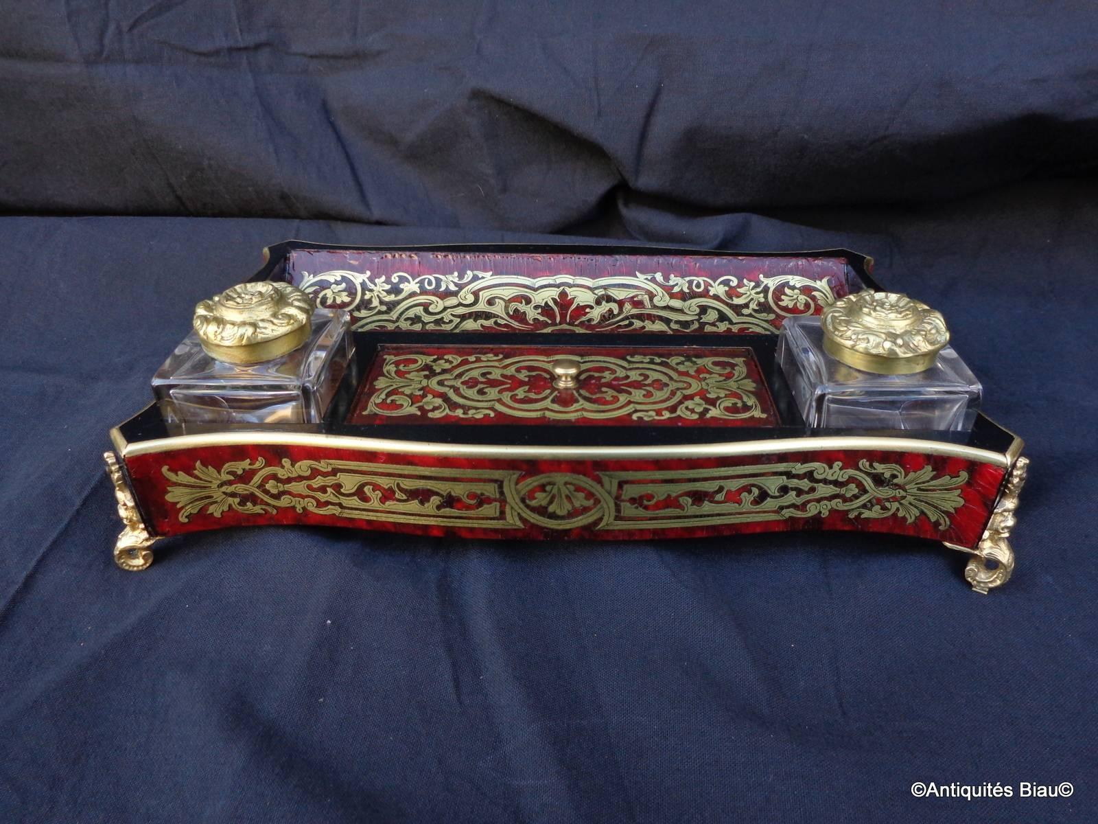 French Inkwell in Boulle Marquetry with Crystal Inkwell, 19th Century In Excellent Condition In Manduel, FR