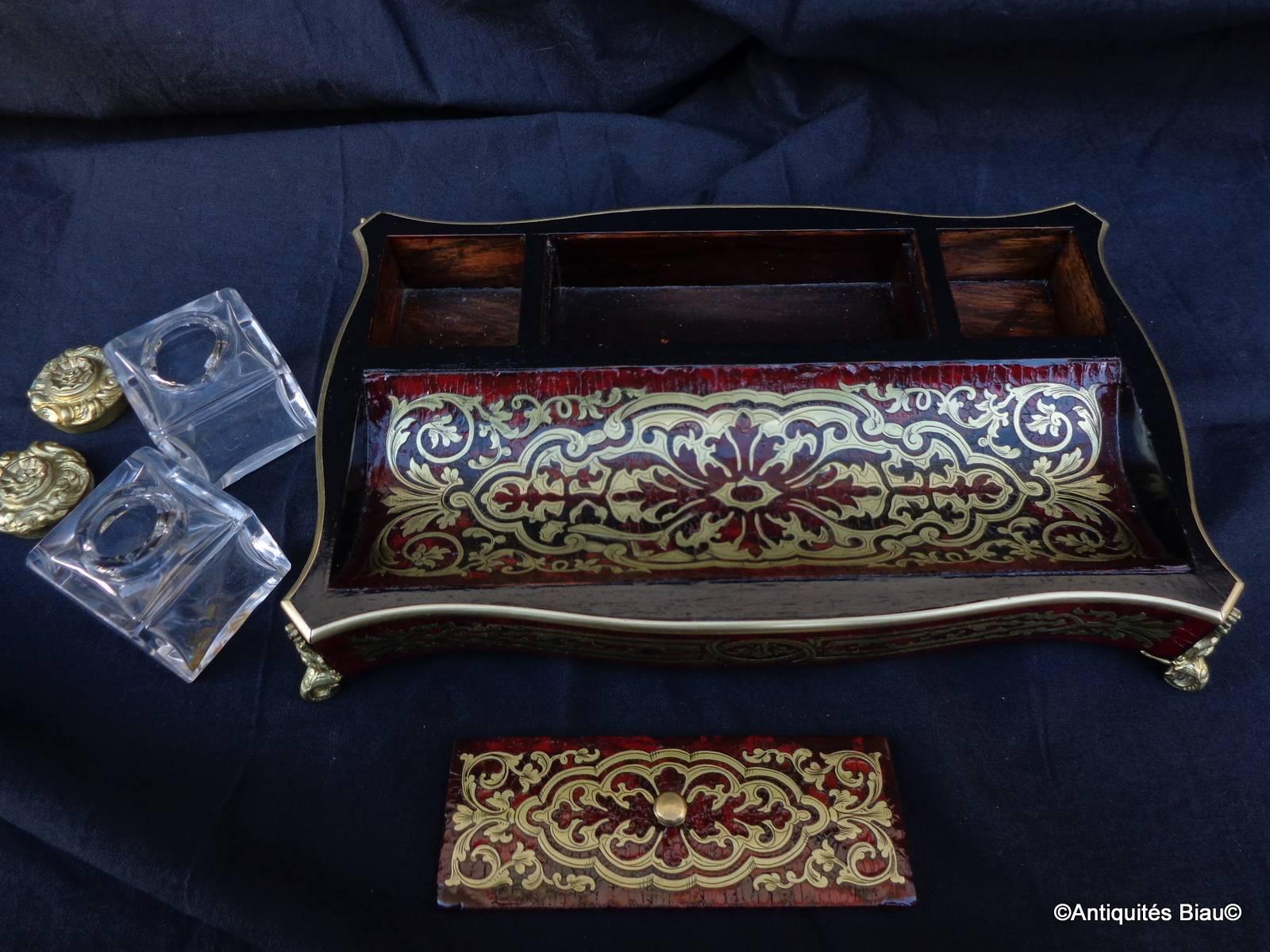 Brass French Inkwell in Boulle Marquetry with Crystal Inkwell, 19th Century