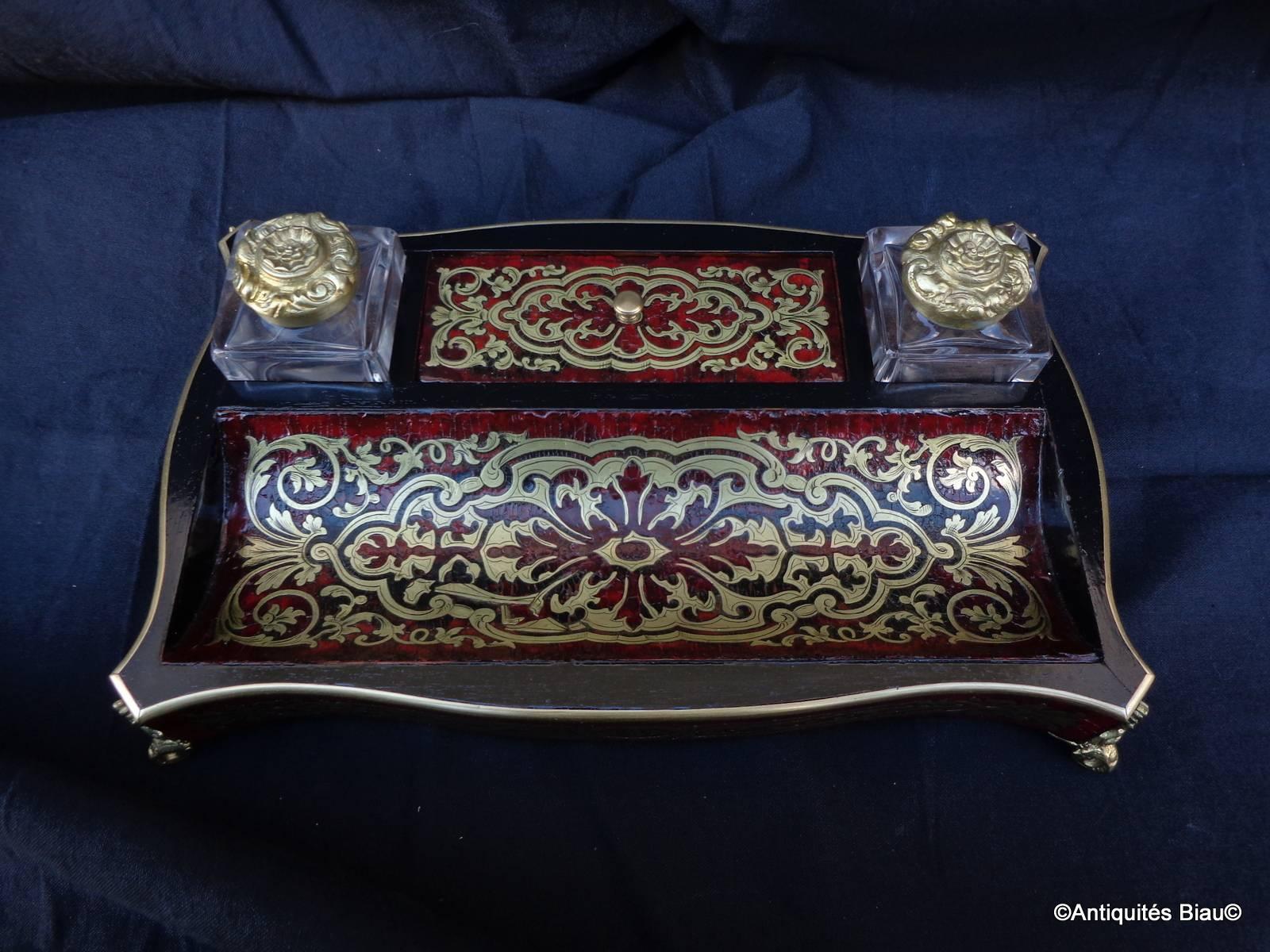 French Inkwell in Boulle Marquetry with Crystal Inkwell, 19th Century 2