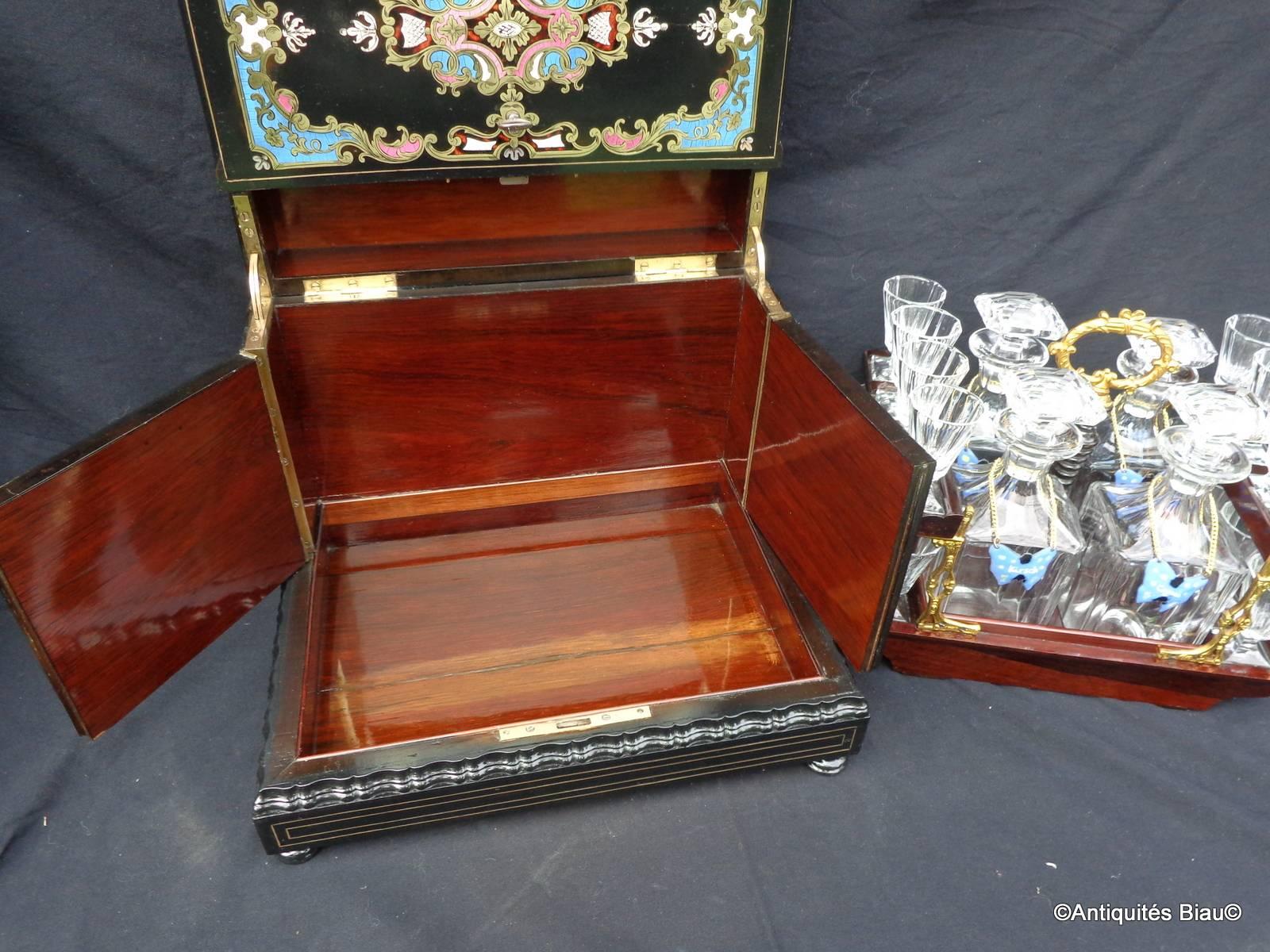 Brass Tantalus Box in Boulle Multi-color Marquetry Napoleon III Period, 19th Century