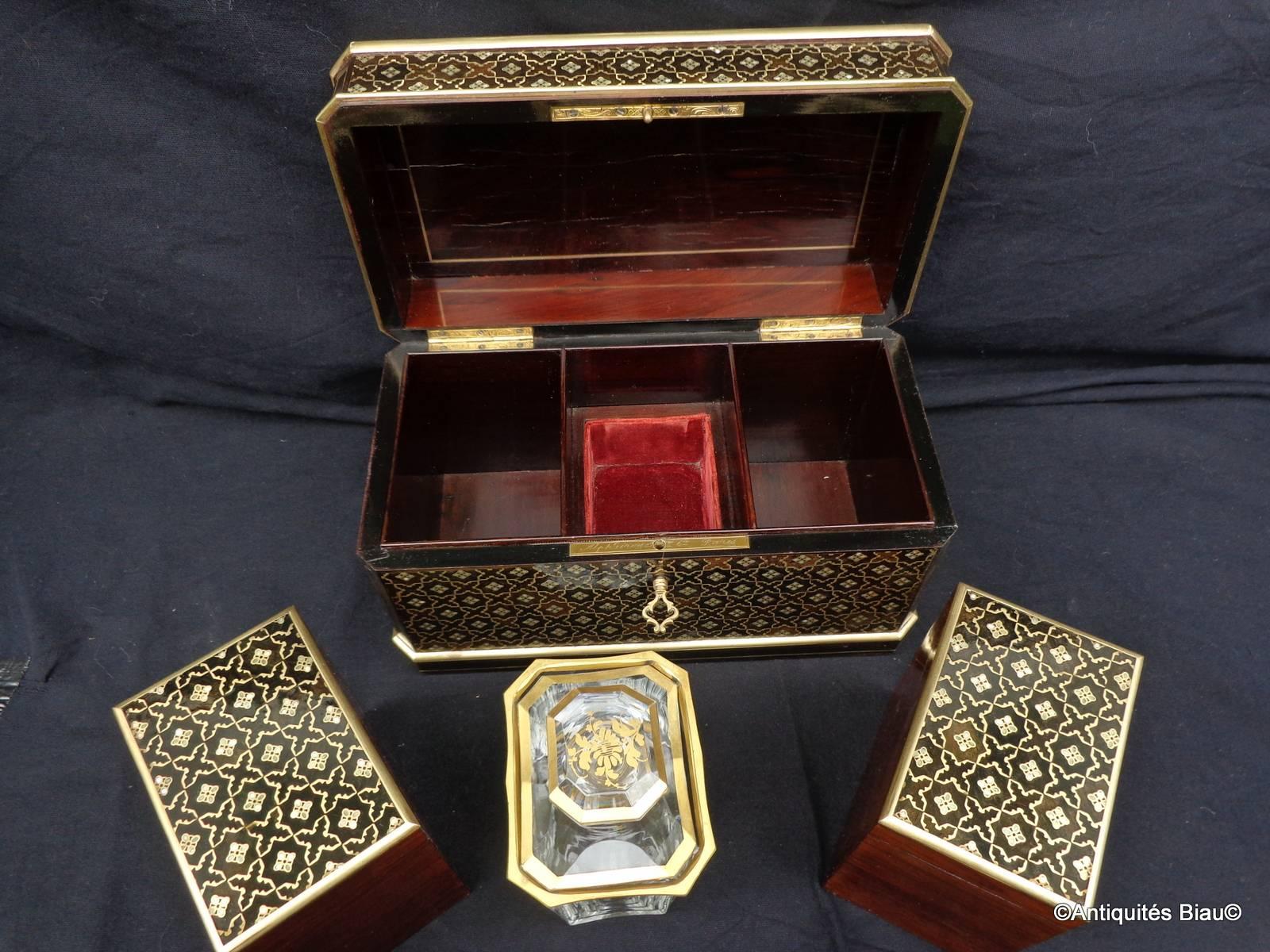 Brass Tea Caddy Stamped Giroux in Boulle Marquetry Napoleon III Period, 19th Century