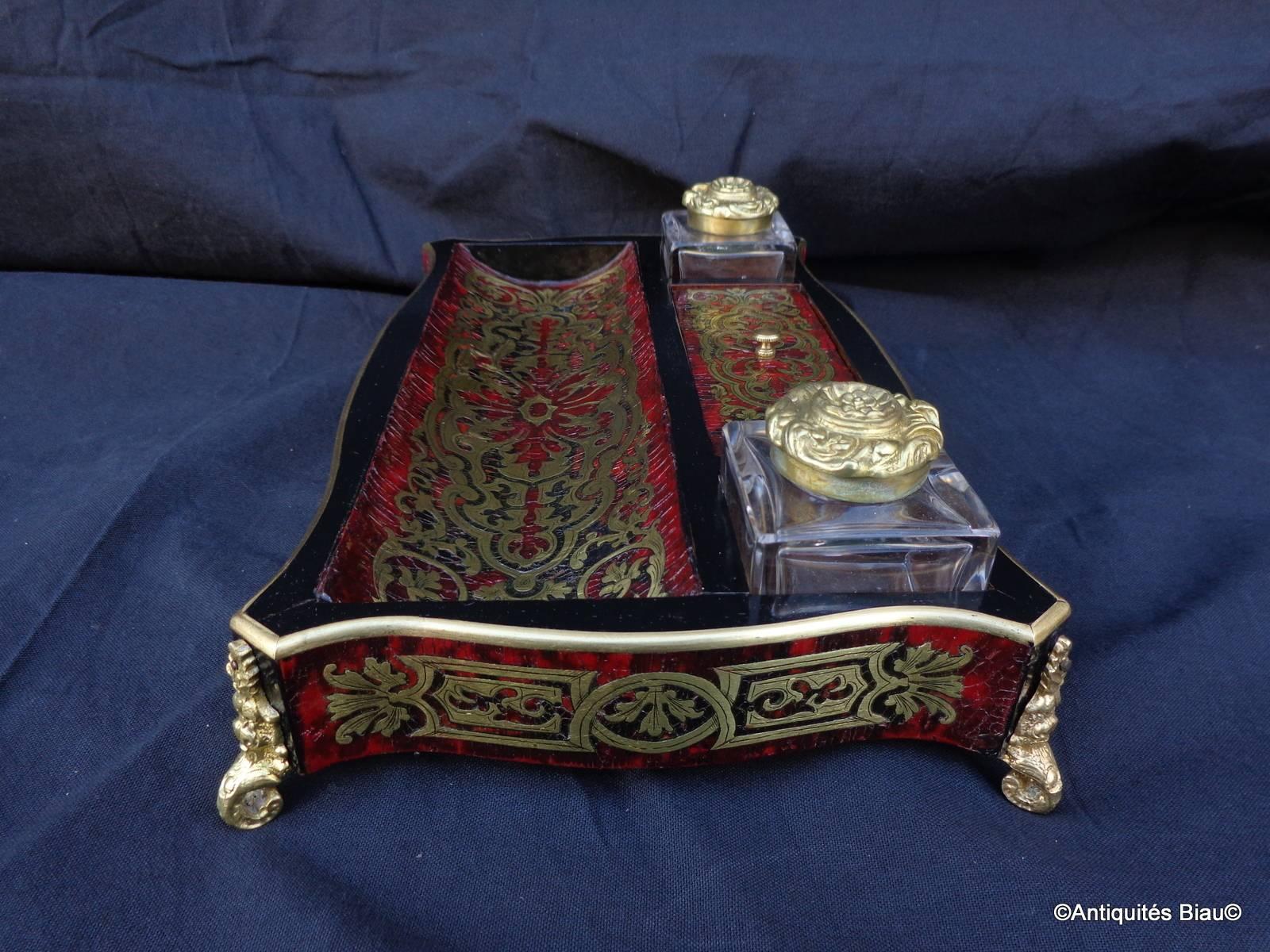 French Inkwell in Boulle Marquetry with Crystal Inkwell, 19th Century 3