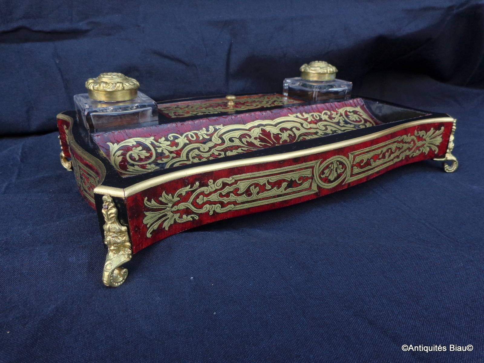 French Inkwell in Boulle Marquetry with Crystal Inkwell, 19th Century 4