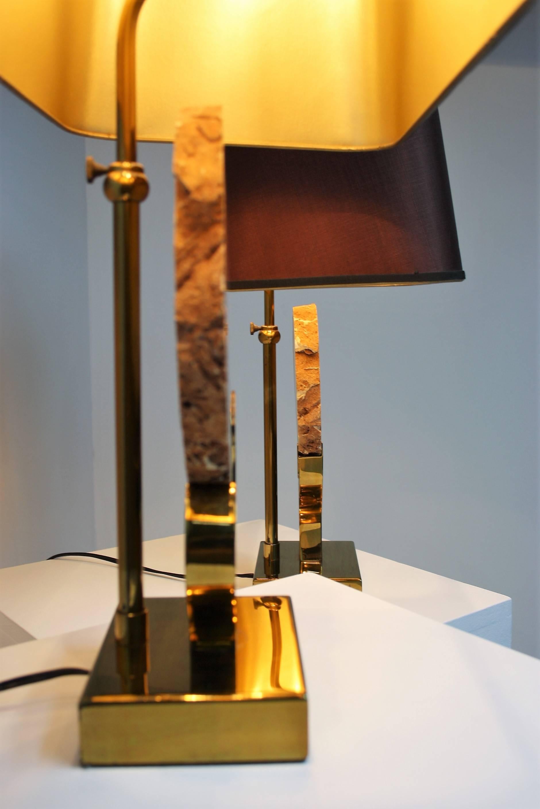 Pair of Willy Daro Brass and Agate Table Lamps, 1970s In Good Condition In Belgium, BE