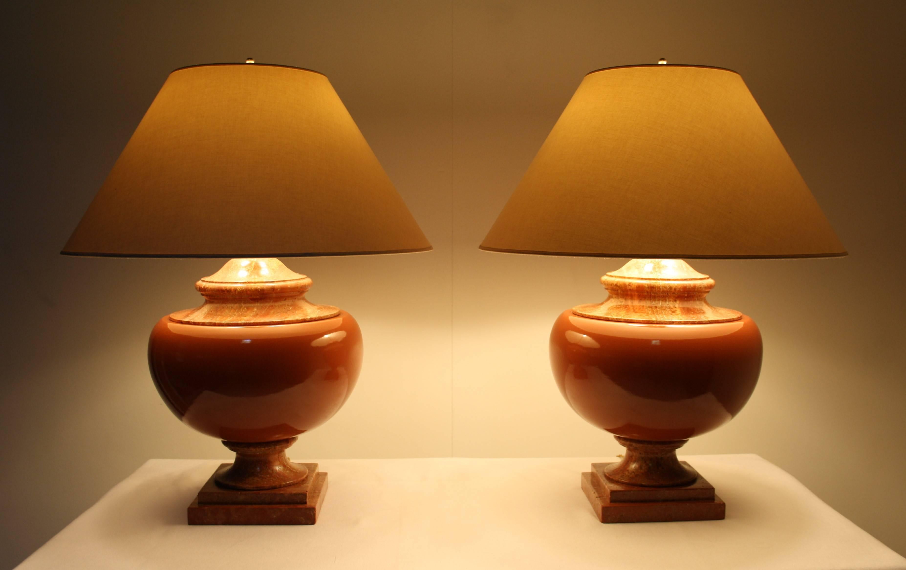 Mid-Century Modern Very Large Pair of Red Travertine Lamps, 1970s