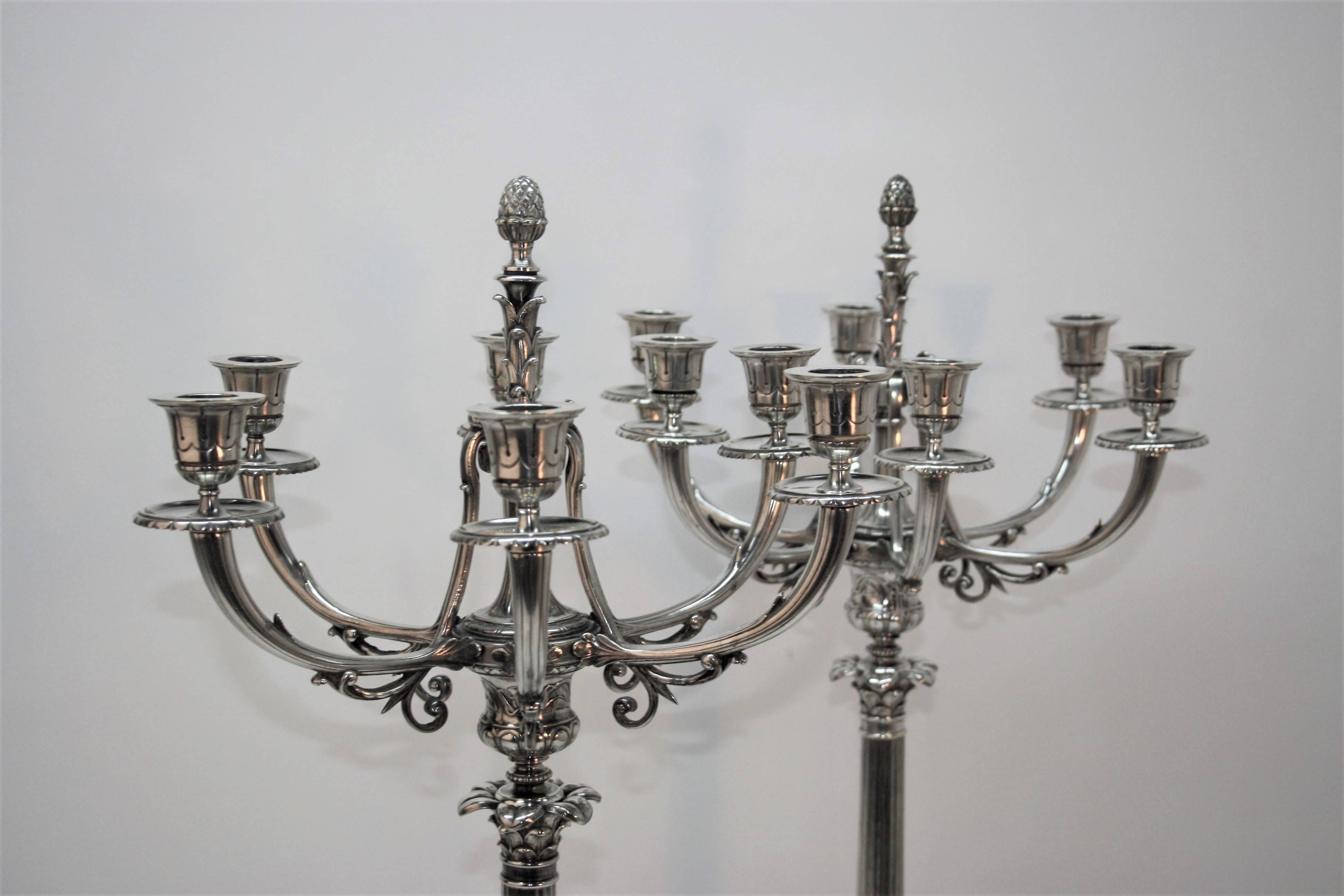 Neoclassical Christofle Large Pair of Silvered Bronze Candelabra, 19th Century