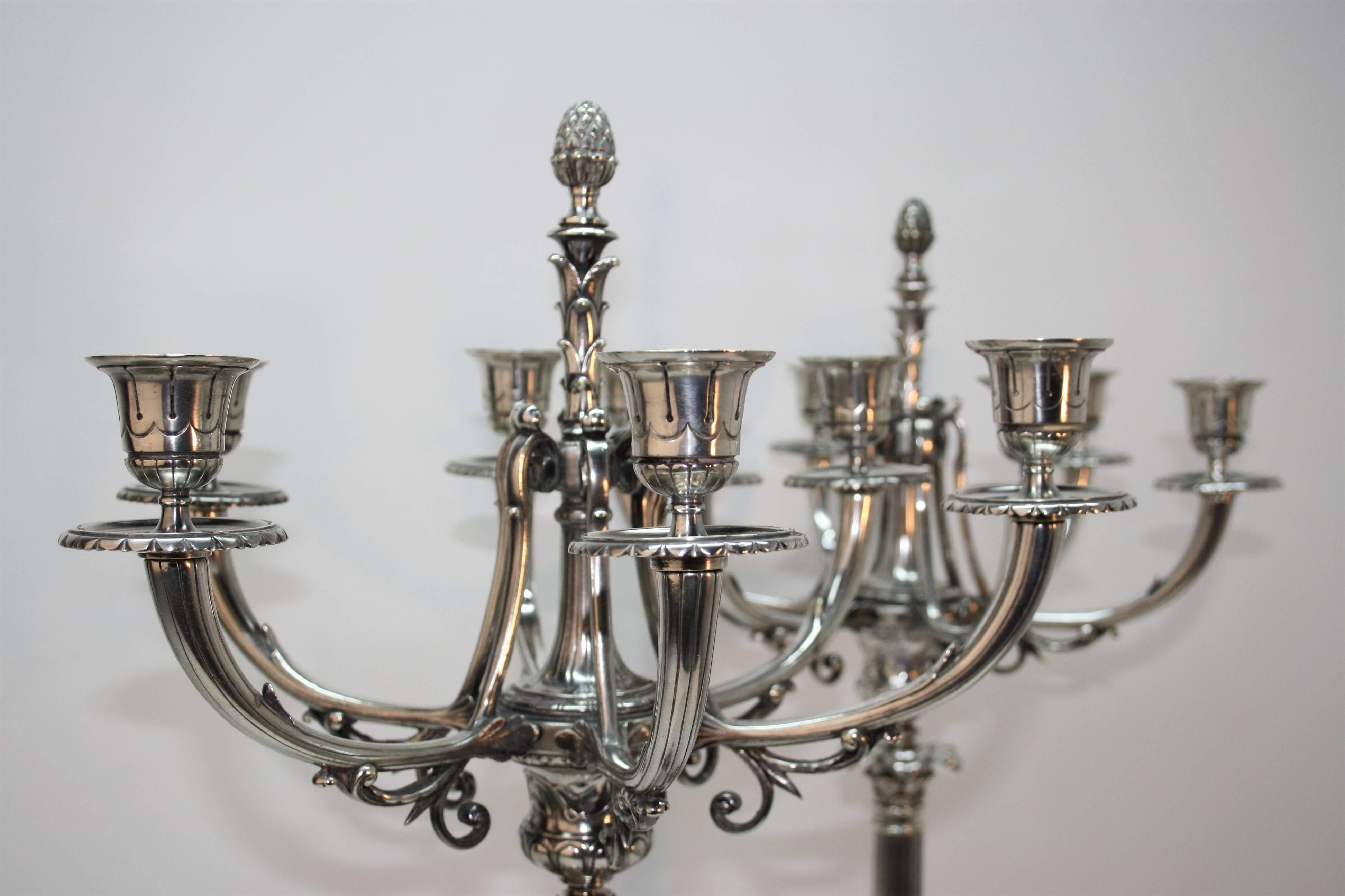 French Christofle Large Pair of Silvered Bronze Candelabra, 19th Century