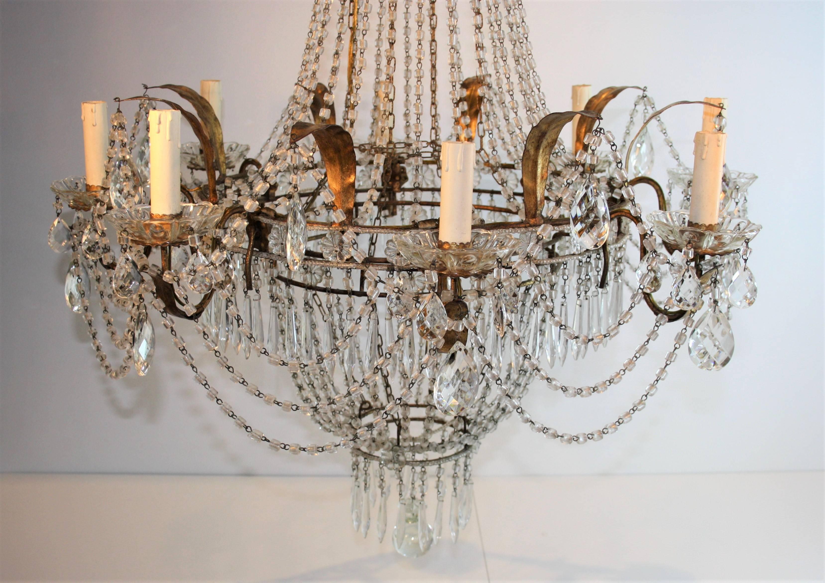 Empire French Eight-Light Crystal Chandelier, 1930s
