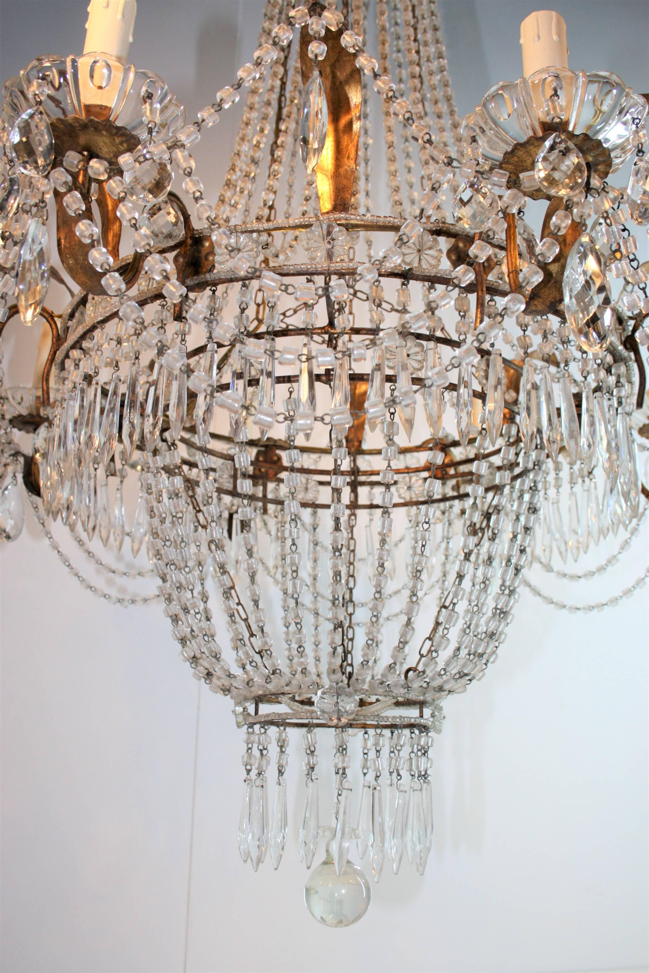 Mid-20th Century French Eight-Light Crystal Chandelier, 1930s