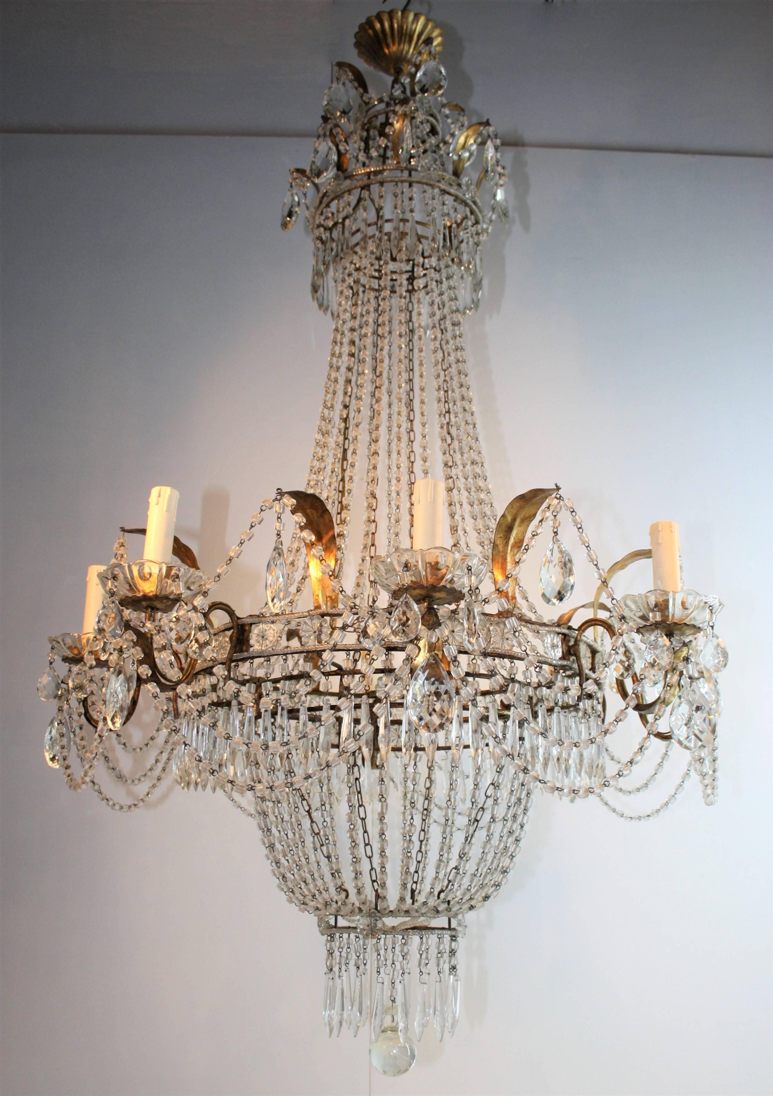 Gilt French Eight-Light Crystal Chandelier, 1930s