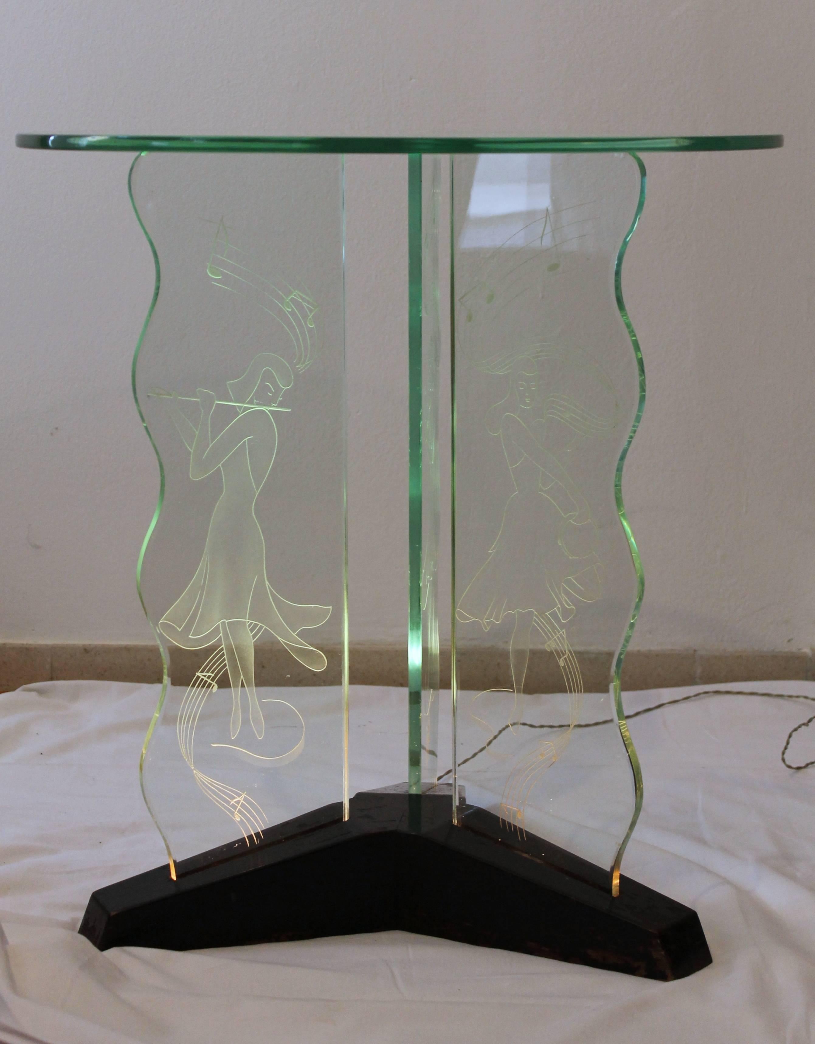 Milieu du XXe siècle Table basse d'appoint en cristal Luigi Brusotti Italie 1940's, Muses illuminées en vente