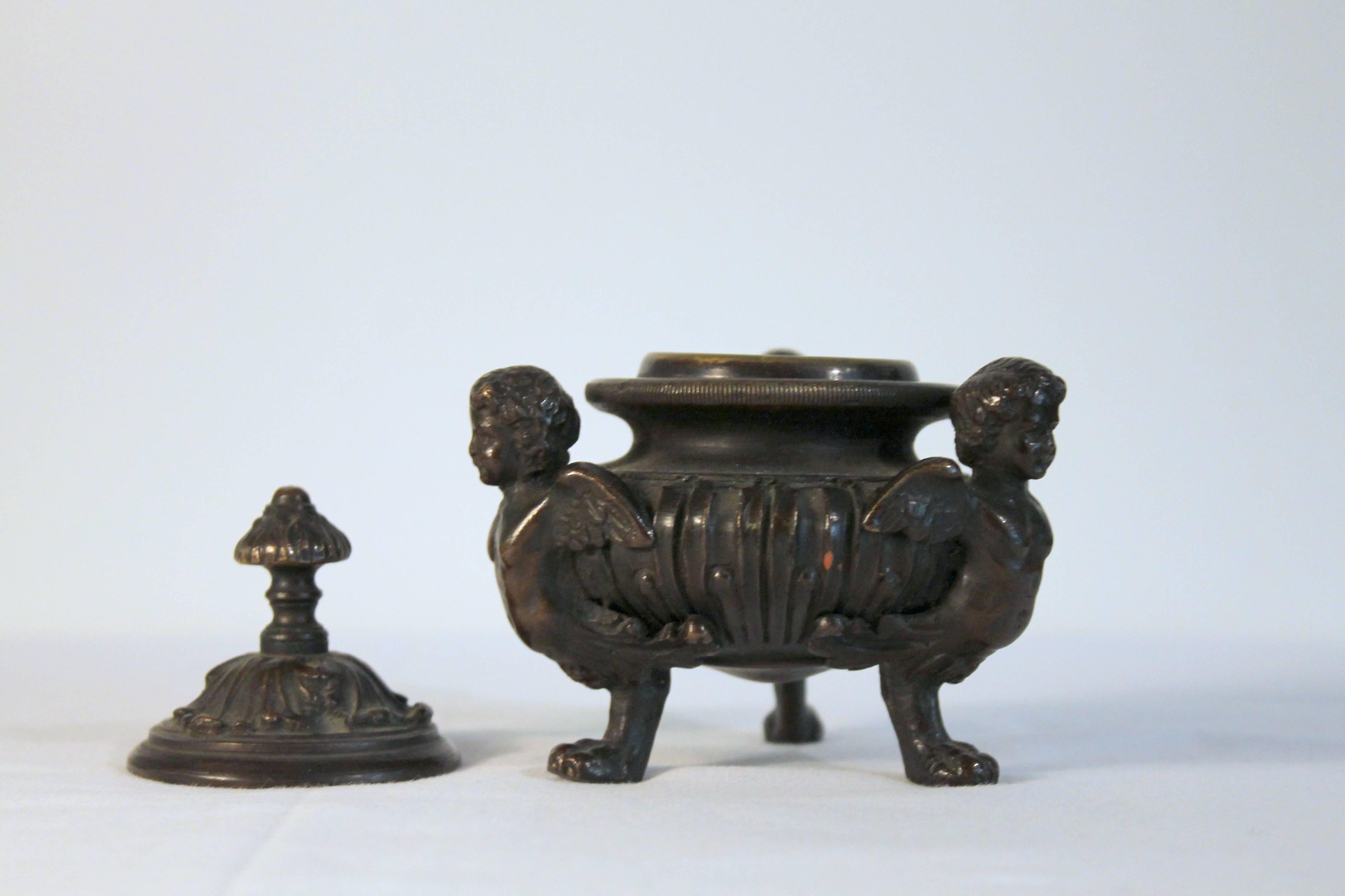 Baroque Late 19th Century Bronze Desk Accessories Inkwell with lid Bronze Brass Glass For Sale