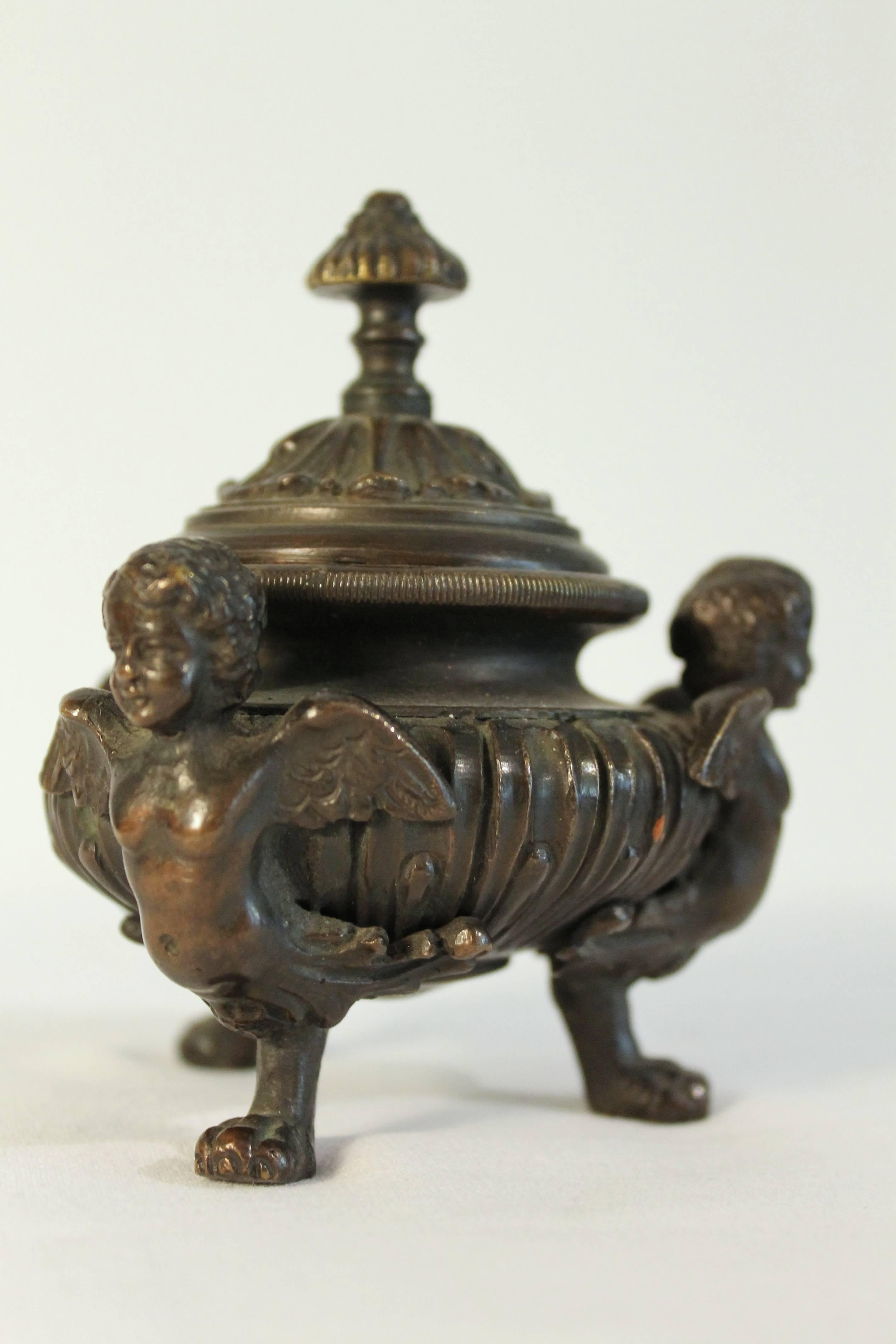 Cast Late 19th Century Bronze Desk Accessories Inkwell with lid Bronze Brass Glass For Sale
