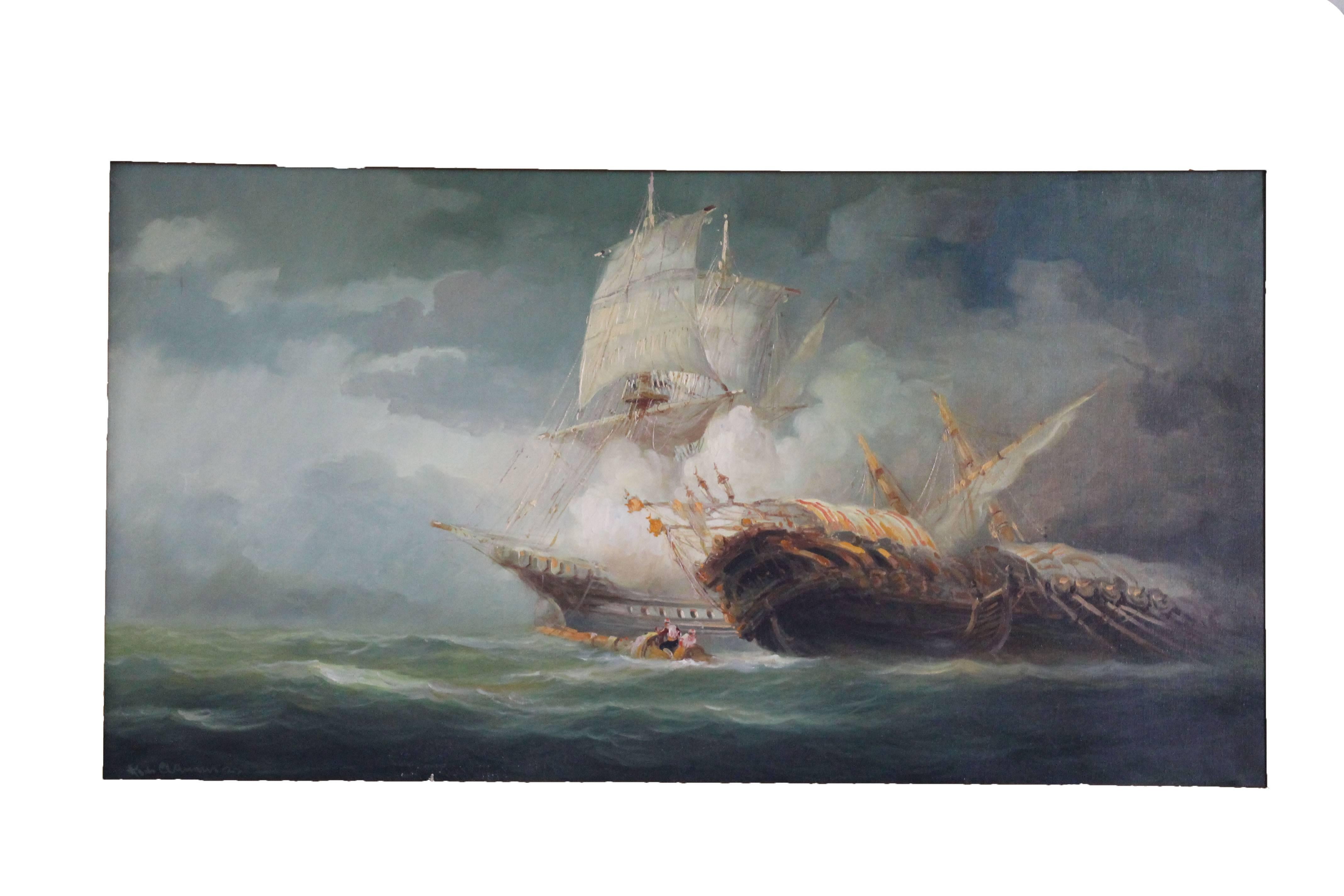 Début du 20ème siècle Peinture de combat de navires de la marine encadrée Rudolf Claudus 1922  en vente
