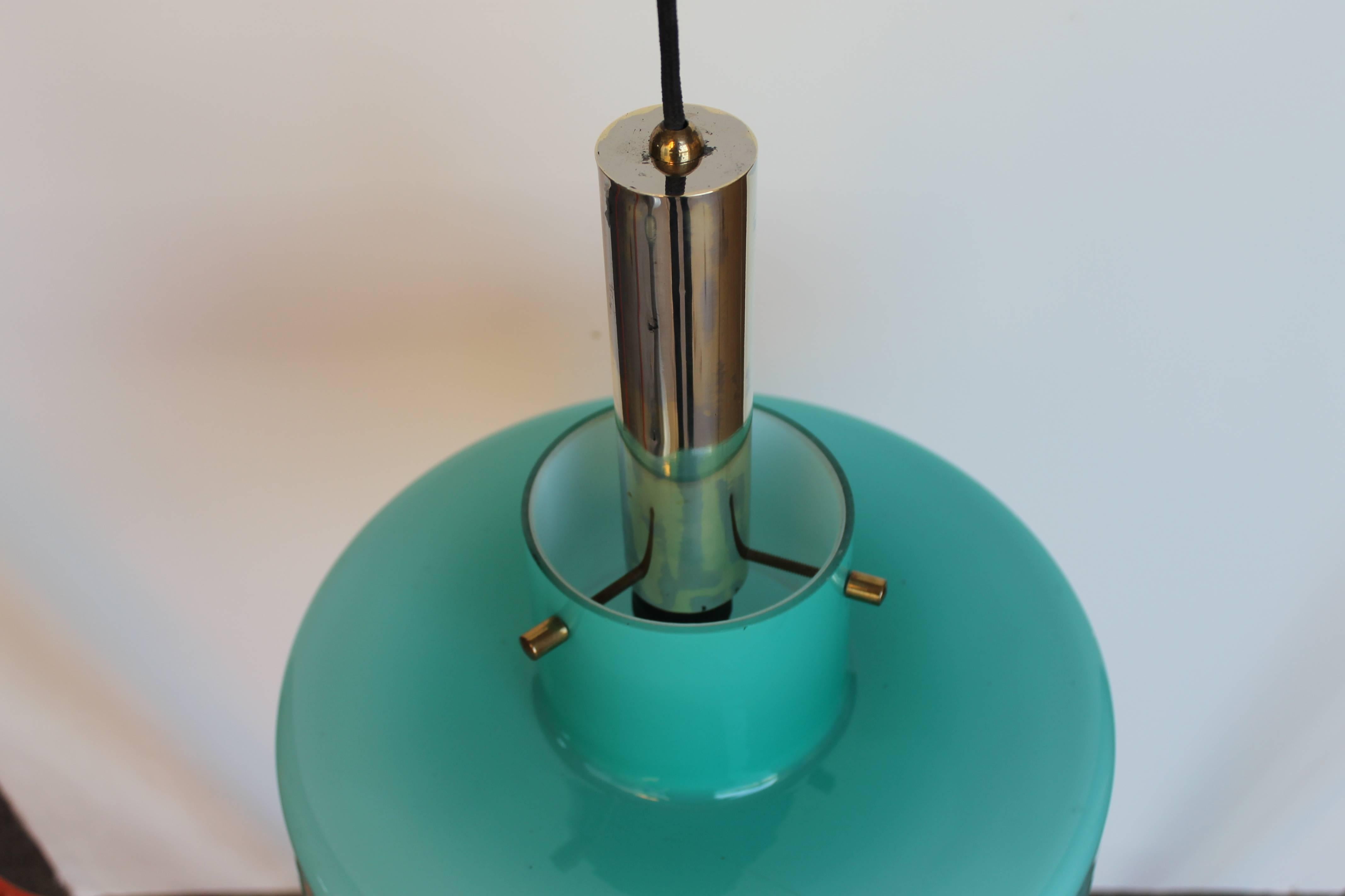 Mid-Century Modern Midcentury Italian Circular Aquamarine Chandelier Pendant Brass Metal Glass For Sale