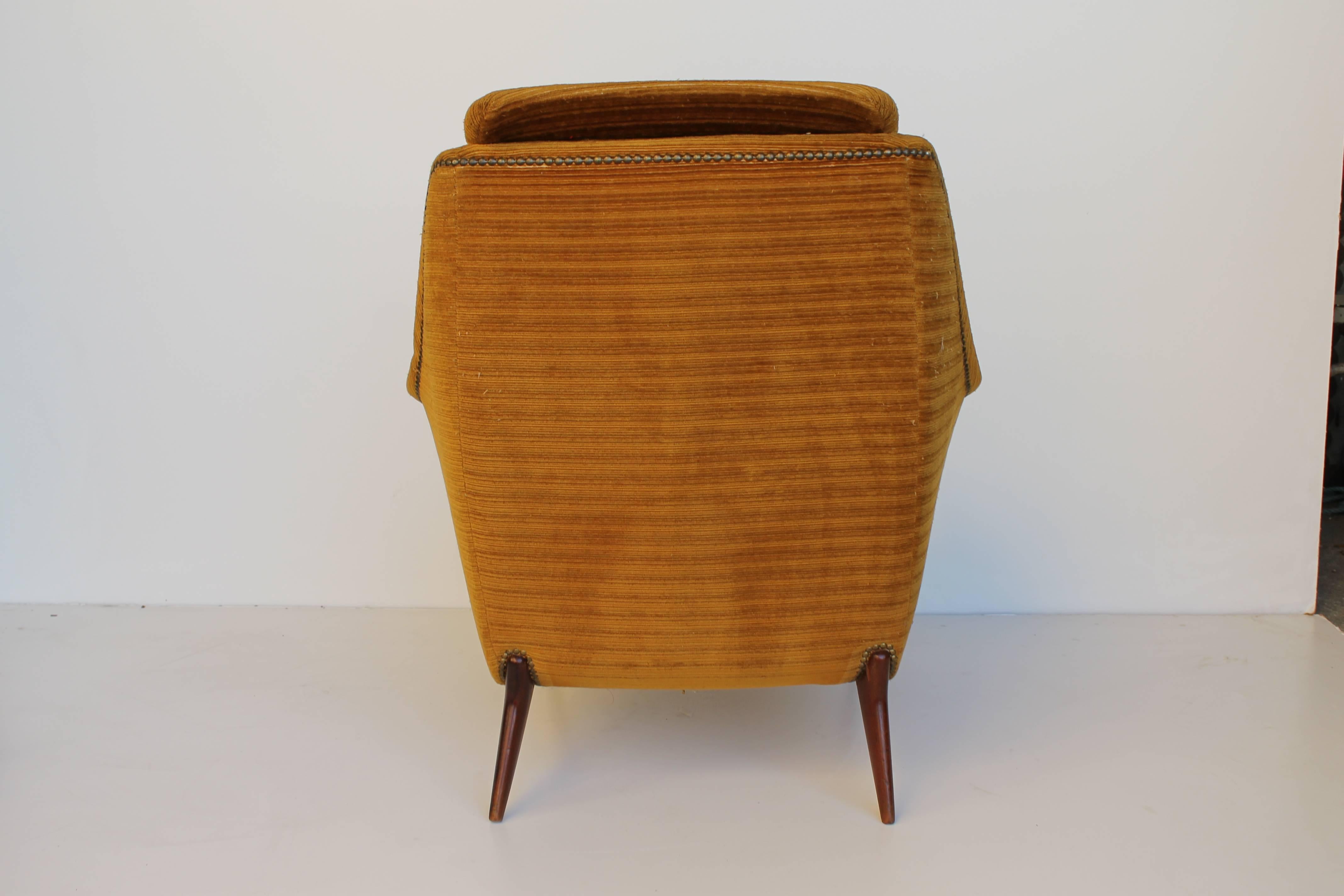 Italian 1950 Yellow Velvet with Teak feet Metal Beading Armchair Attributed to Isa For Sale