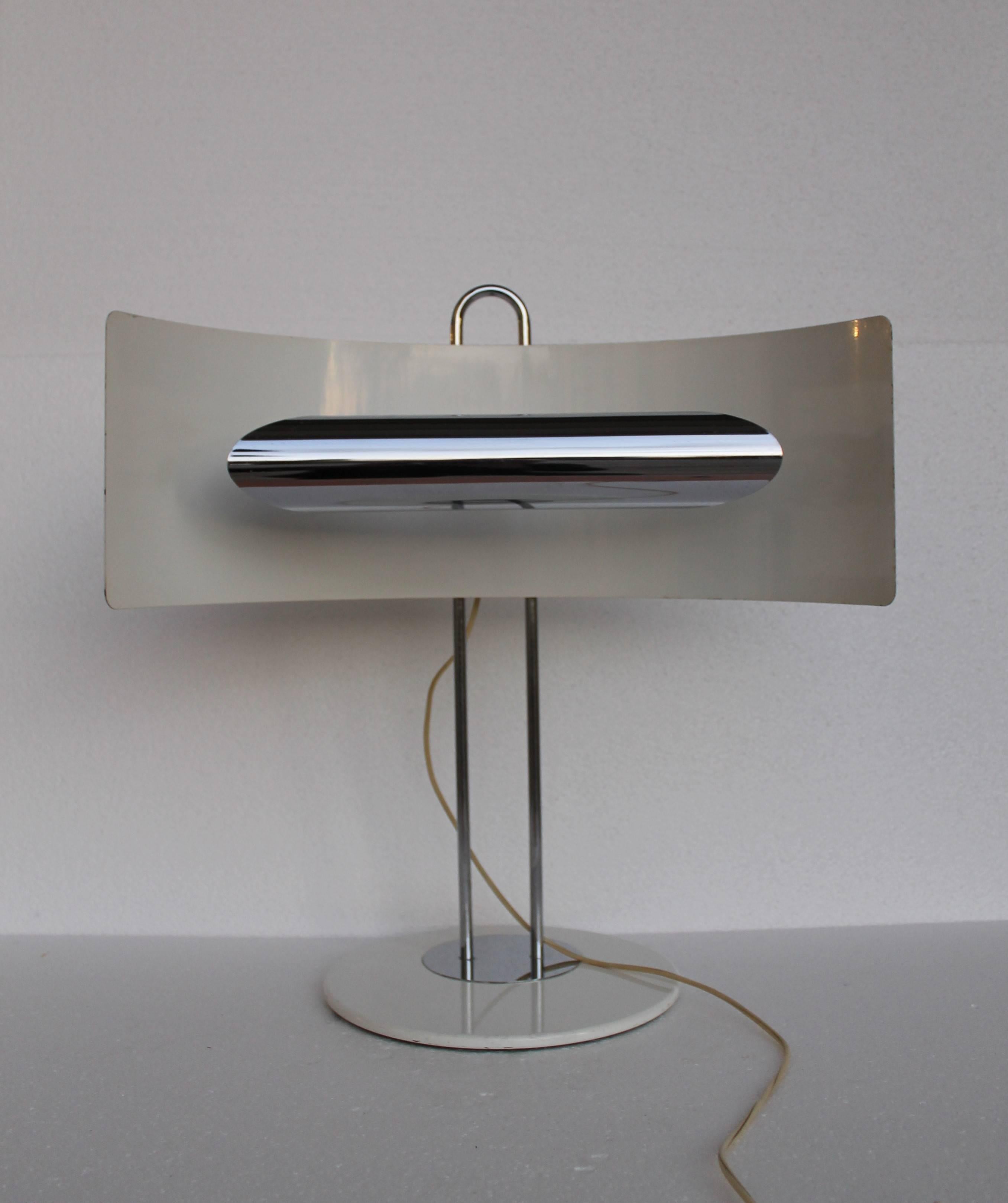 Table lamp, chrome iron structure, white enameled iron base and lampshade. Italian design, end of 1960s.