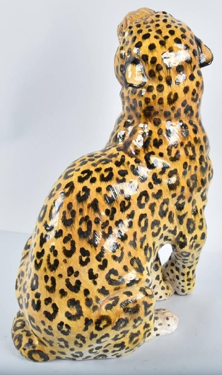 Terracotta 20th Century Italian Statue of Seated Leopard with Hand-Painted Details For Sale