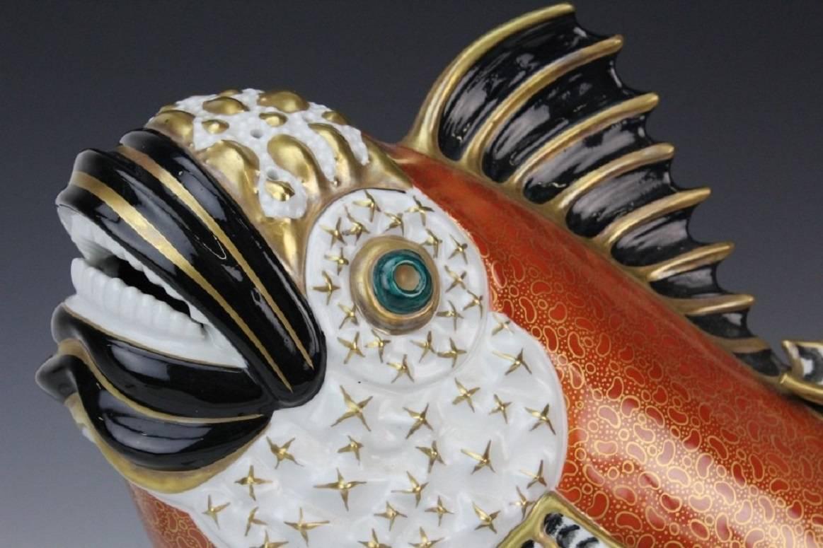 Italian Rare Mangani for Oggetti Hand-Painted Stylized Fish Sculpture on Brass Base For Sale