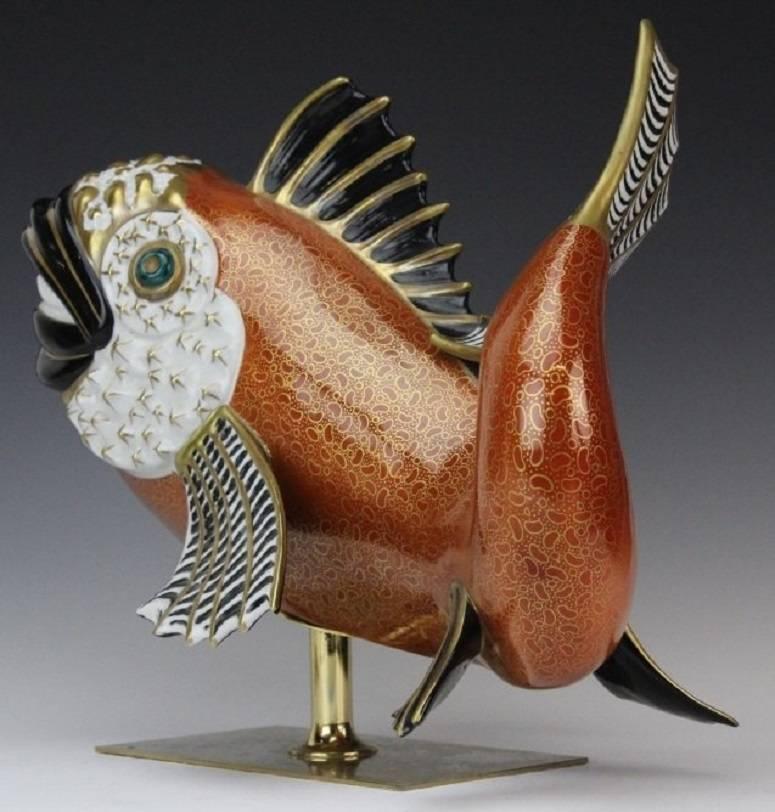 Rare Mangani for Oggetti Hand-Painted Stylized Fish Sculpture on Brass Base In Good Condition For Sale In Houston, TX