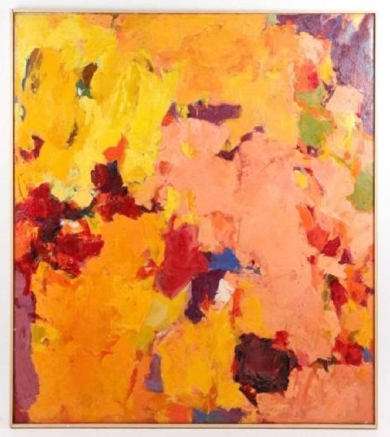 American Carol Haerer Framed Multi-Color Abstract Oil on Canvas Painting, circa 1957 For Sale