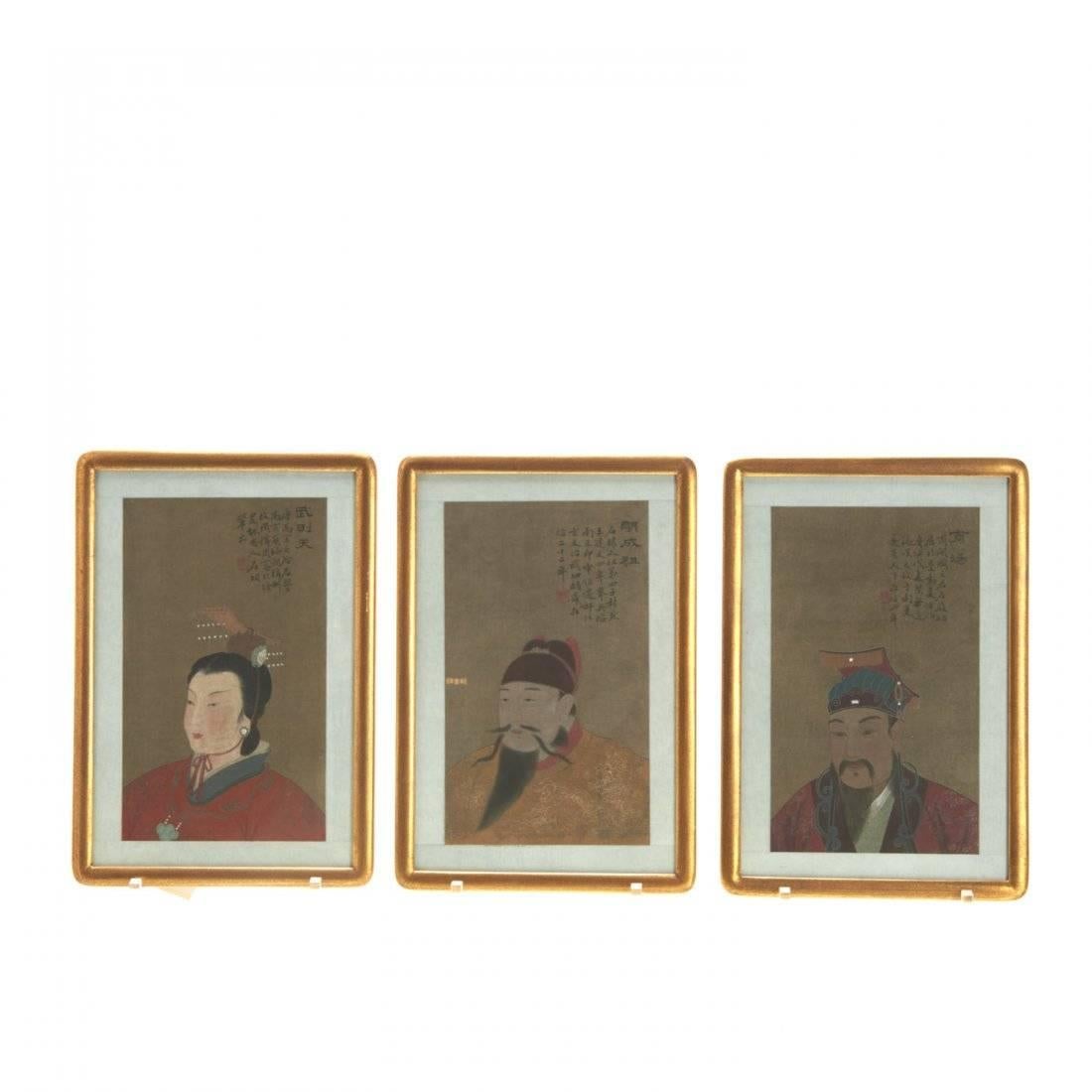 Set of antique Chinese ancestral portraits, 19th-20th century, pigment on silk, with inscriptions and red seal mark, upper right, matted and framed under glass.

Print Size: 12 x 7.25 inches
Framed: 11 x 16 inches

