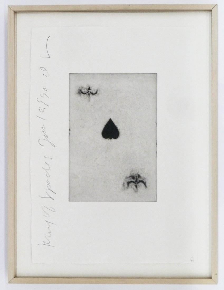 Donald Sultan (b.1951 New York) “King of Spades” 1990 Aquatint Etching 21” x 15” Sheet. Pencil signed and numbered playing card print, two of 44 Edition in margin. Greg Kucera Gallery, Seattle label on verso. Total framed size 25” x 19”.