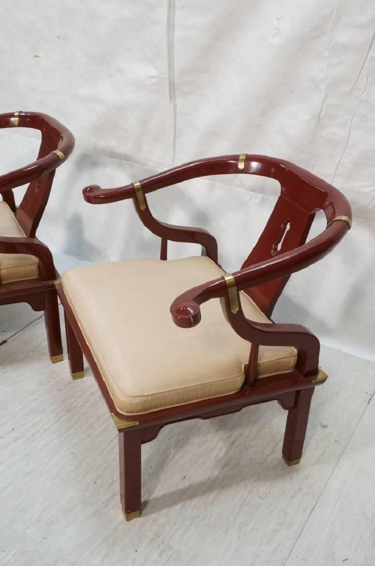 American Pair of Red Horseshoe Back Lounge Chairs, Century Chair Comp in James Mont Style For Sale