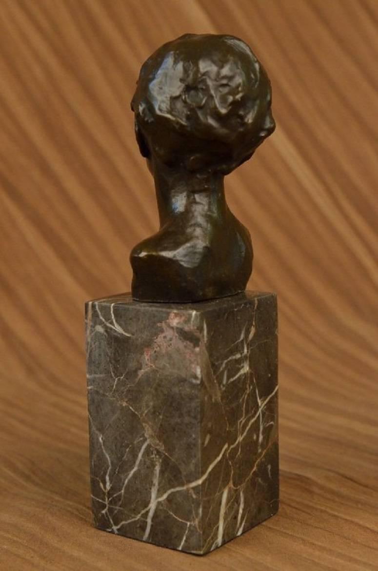 Cast Art Deco Styled Bronze Bust of Young Boy Mounted on Marble Block Base For Sale