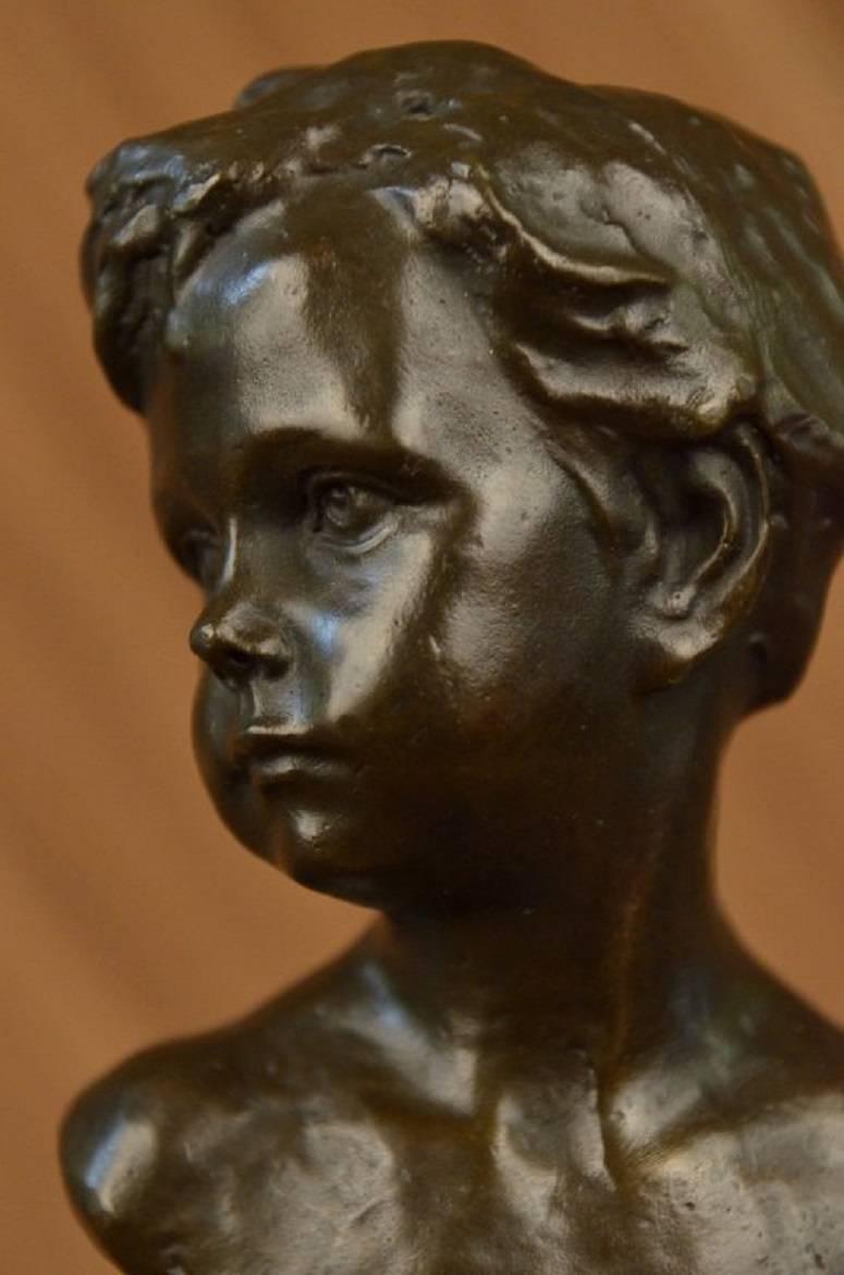 Unknown Art Deco Styled Bronze Bust of Young Boy Mounted on Marble Block Base For Sale