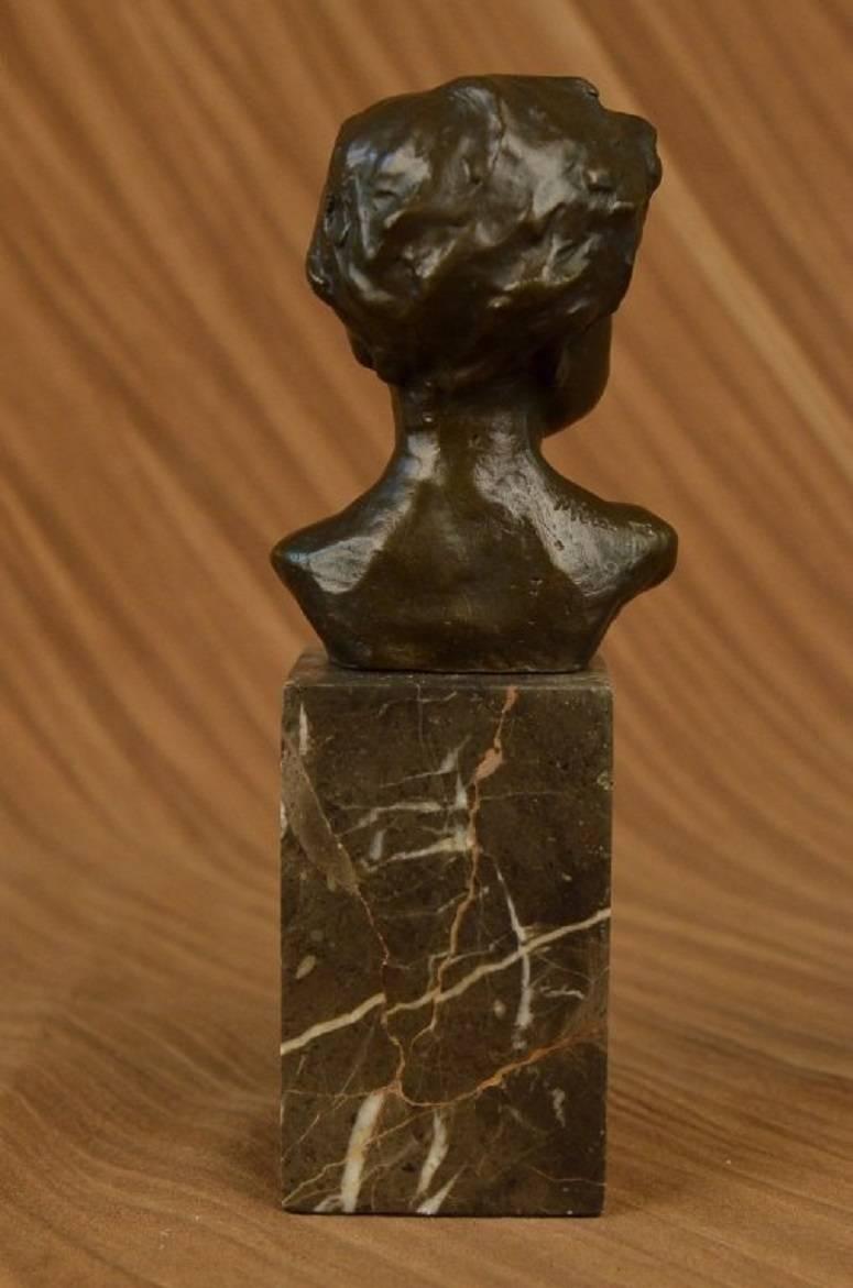 Art Deco Styled Bronze Bust of Young Boy Mounted on Marble Block Base In Good Condition For Sale In Houston, TX