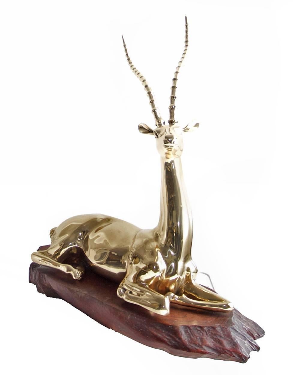 Cast Restored Mid-20th Century Brass Sculpture of Impala on Natural Edge Wood Bas For Sale
