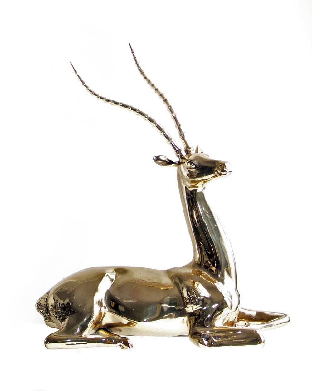Restored Mid-20th Century Brass Sculpture of Impala on Natural Edge Wood Bas In Excellent Condition For Sale In Houston, TX