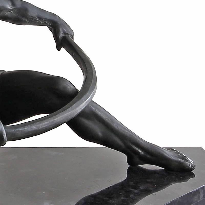 20th Century Exquisite Large Art Deco Sculpture of Semi-Nude Man Bending Bar on Marble Base For Sale