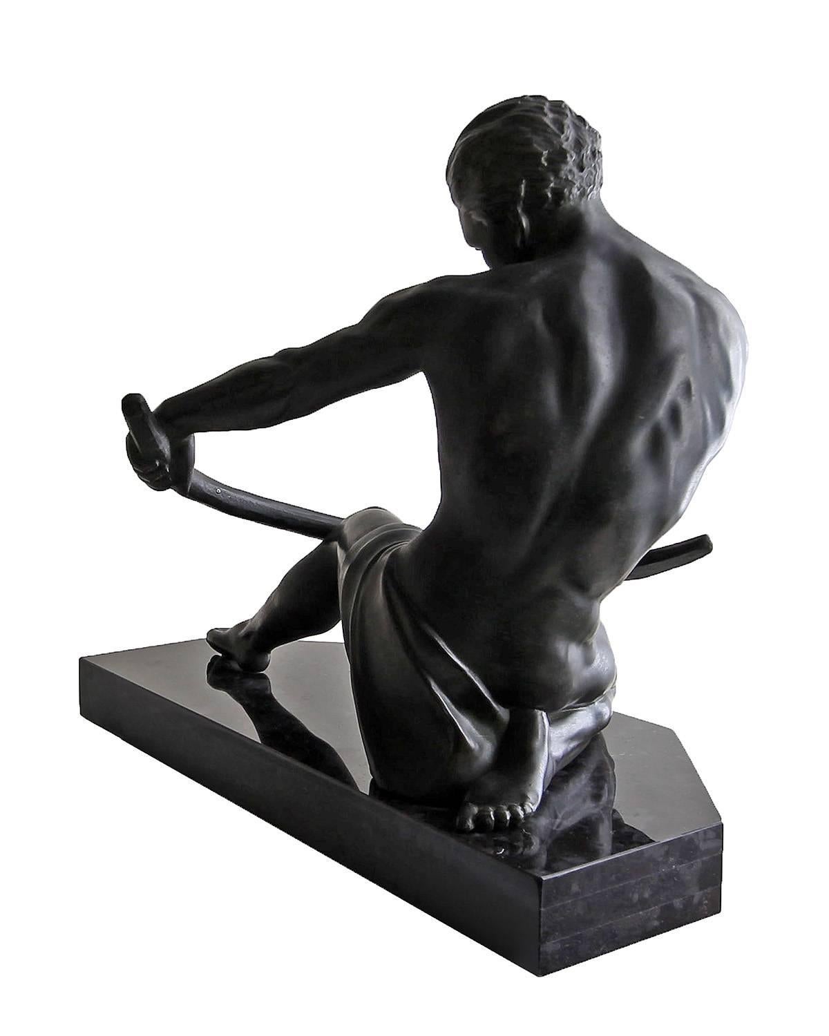 Unknown Exquisite Large Art Deco Sculpture of Semi-Nude Man Bending Bar on Marble Base For Sale