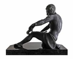 Exquisite Large Art Deco Sculpture of Semi-Nude Man Bending Bar on Marble Base