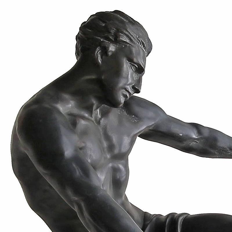 Cast Exquisite Large Art Deco Sculpture of Semi-Nude Man Bending Bar on Marble Base For Sale