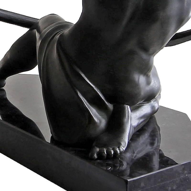 Exquisite Large Art Deco Sculpture of Semi-Nude Man Bending Bar on Marble Base In Excellent Condition For Sale In Houston, TX