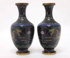 Pair of Black Cloisonne Vases Featuring Colorful Dragons