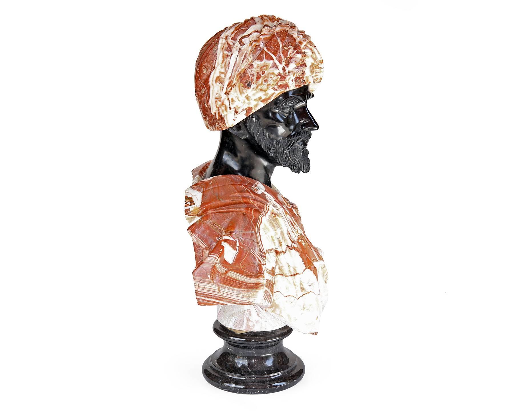 Carved Large Marble Bust of Man Wearing Turban in the Orientalist Style, circa 1920 For Sale