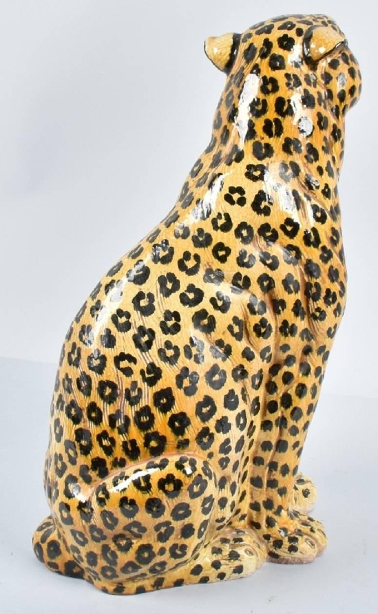 Mid-Century Modern 20th Century Italian Statue of Seated Leopard with Hand-Painted Details